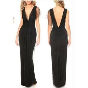 Katie May Olivia Gown Black Plunge Neckline Mesh Overlay S